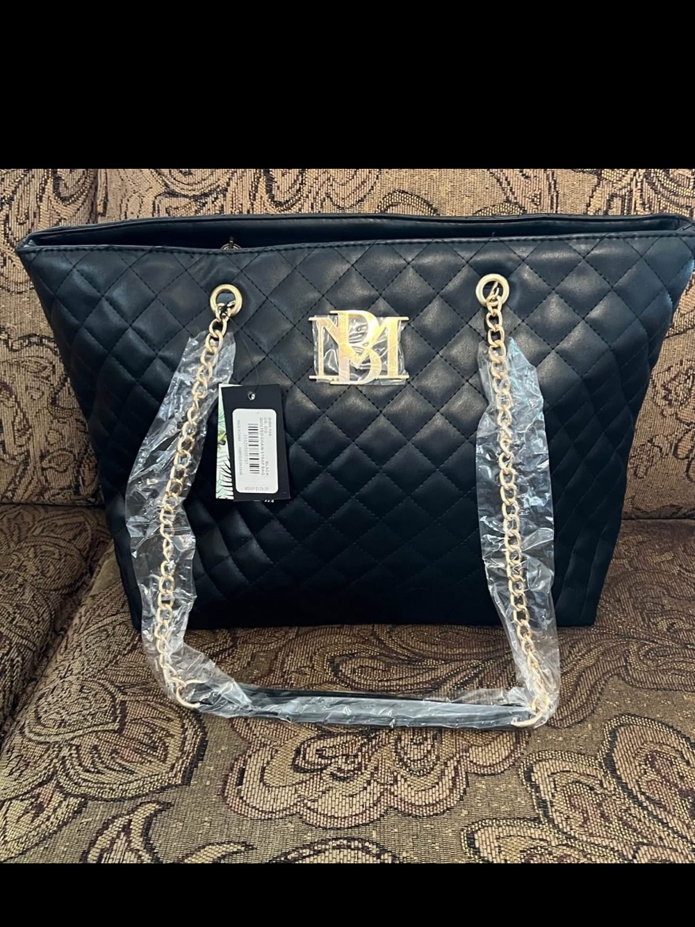 NWT Large Quilted Black Tote with Gold Chain